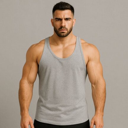 Camiseta Regata Cavada Masculina Cinza Lisa Em DryFit Colmeia frente